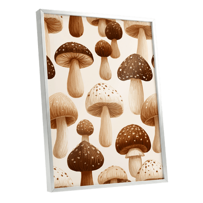 Woodland Mushroom Study, brown, beige, white nature wall art shown as a silver framed poster wall art print