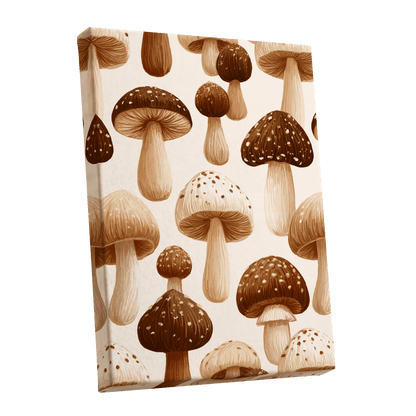 Woodland Mushroom Study, brown, beige, white nature wall art shown as a stretched canvas wall art