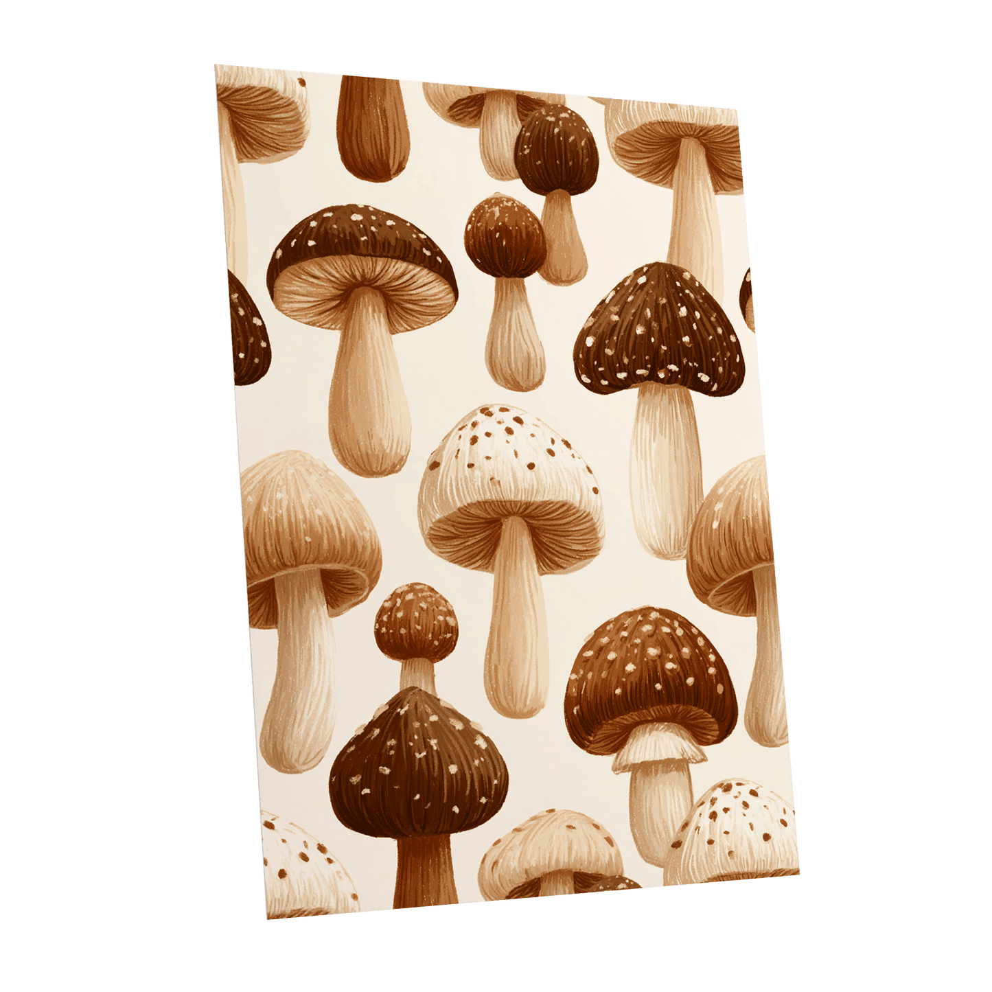 Woodland Mushroom Study, brown, beige, white nature wall art shown as a unframed poster wall art print