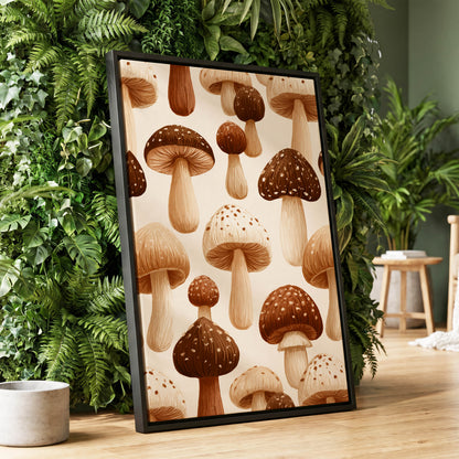 Woodland Mushroom Study, brown, beige, white nature wall art displayed in a styled interior, gallery view 1