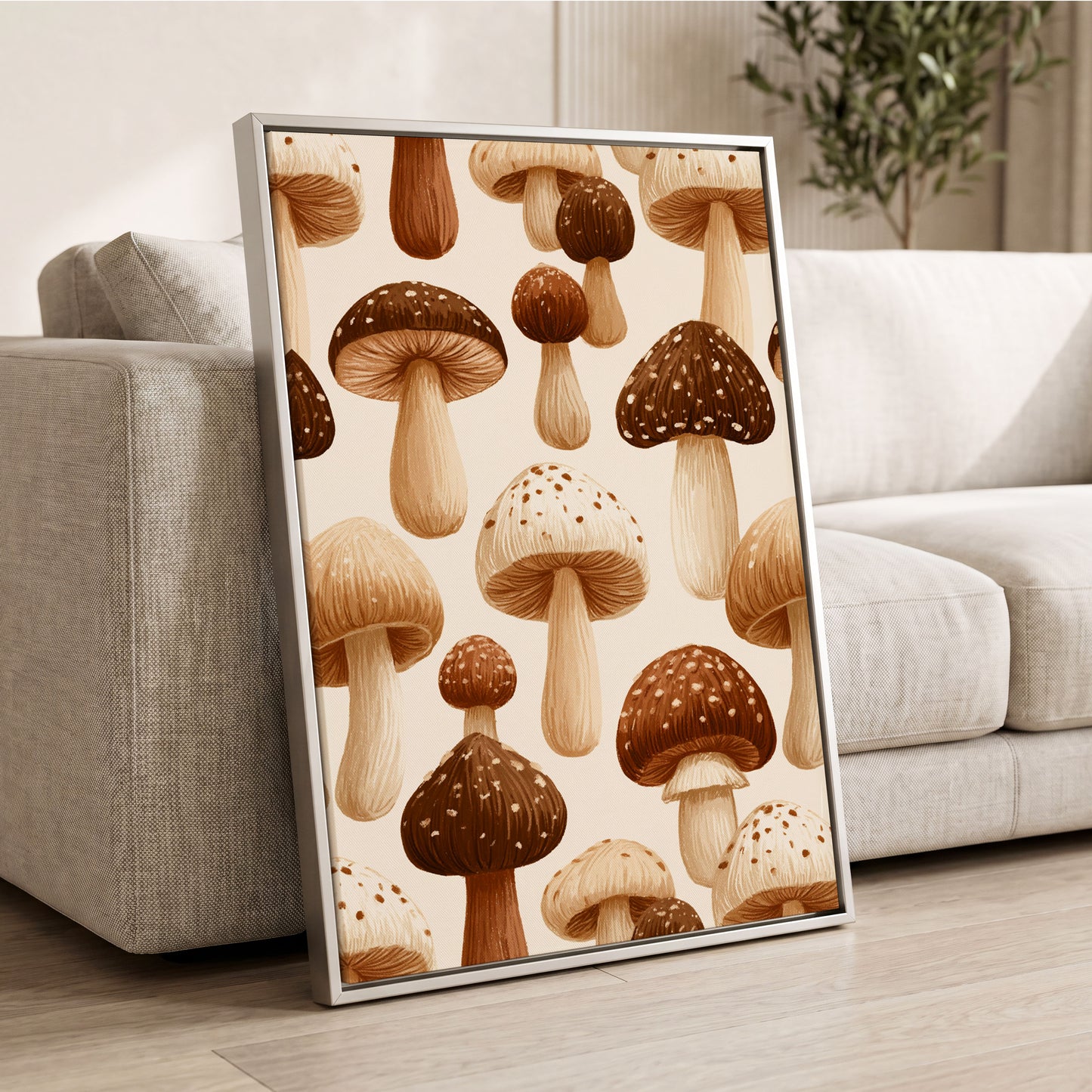 Woodland Mushroom Study, brown, beige, white nature wall art displayed in a styled interior, gallery view 2
