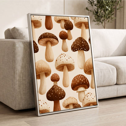Woodland Mushroom Study, brown, beige, white nature wall art displayed in a styled interior, gallery view 2