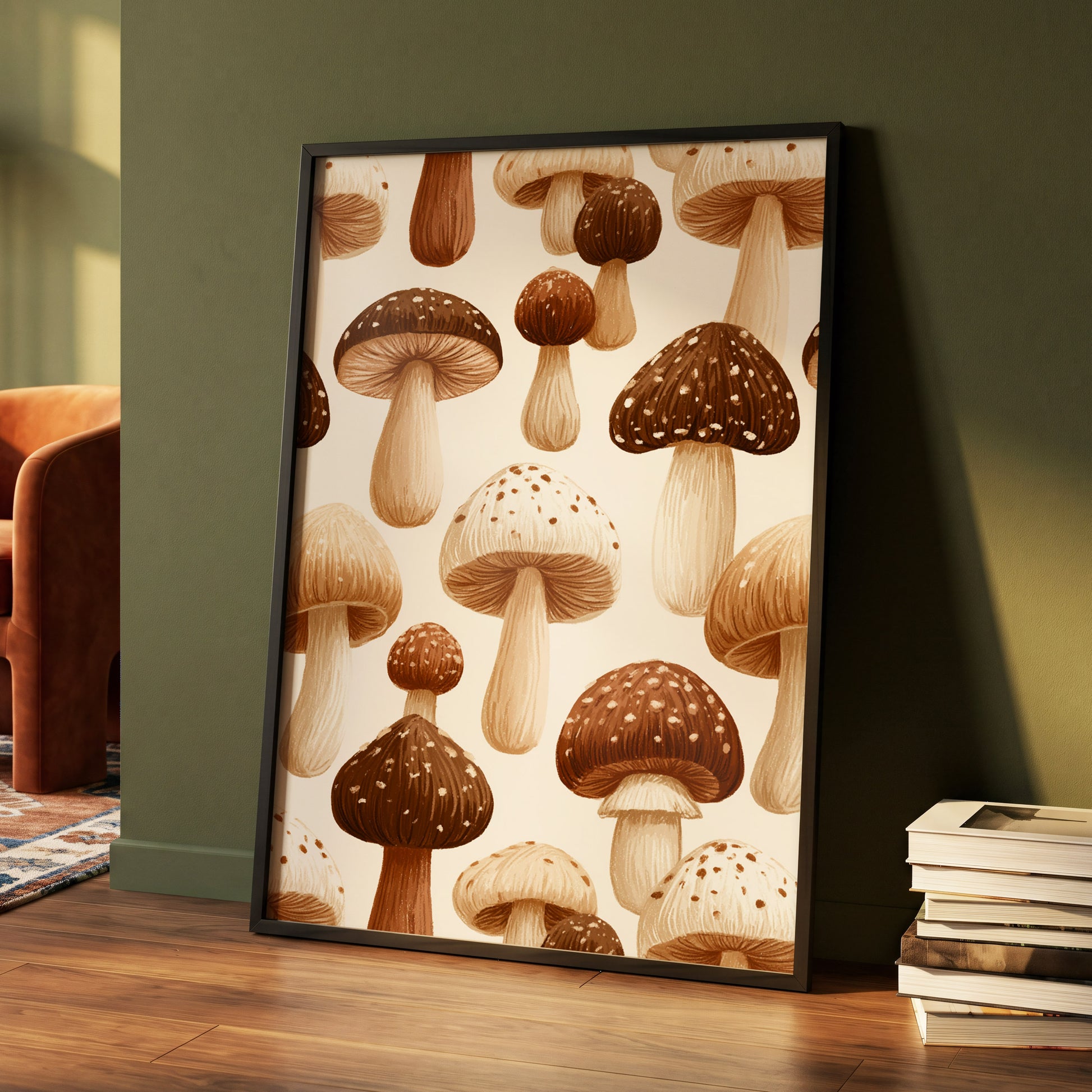 Woodland Mushroom Study, brown, beige, white nature wall art displayed in a styled interior, gallery view 4