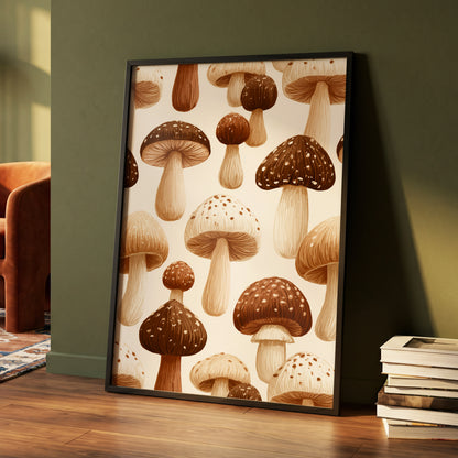 Woodland Mushroom Study, brown, beige, white nature wall art displayed in a styled interior, gallery view 4