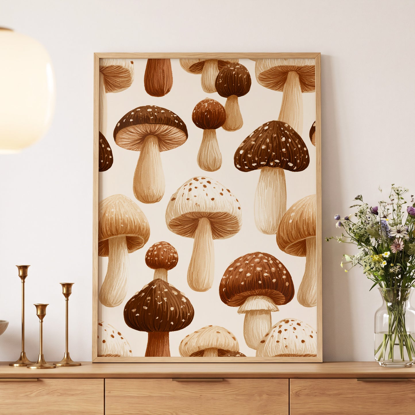 Woodland Mushroom Study, brown, beige, white nature wall art displayed in a styled interior, gallery view 5