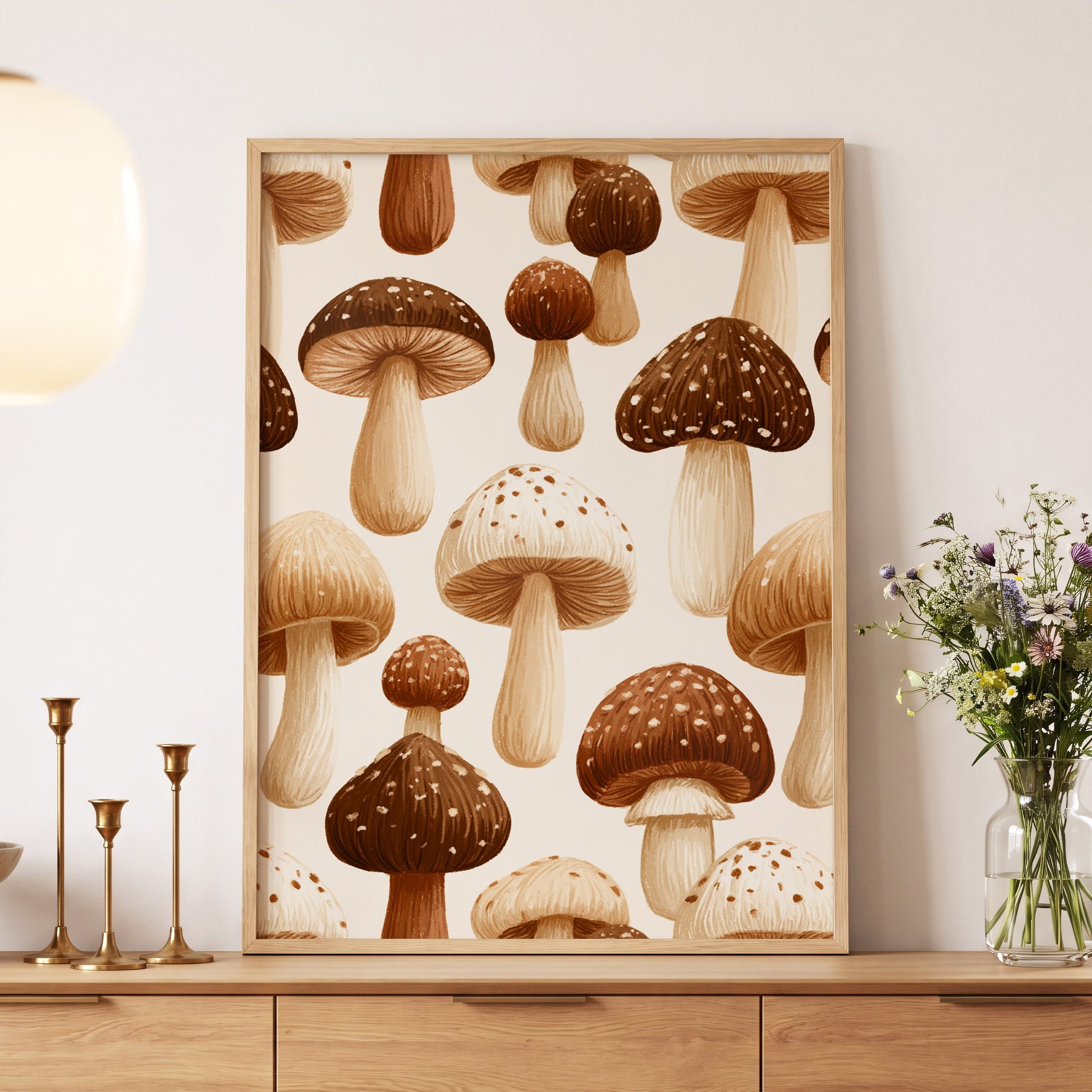 Woodland Mushroom Study, brown, beige, white nature wall art displayed in a styled interior, gallery view 5