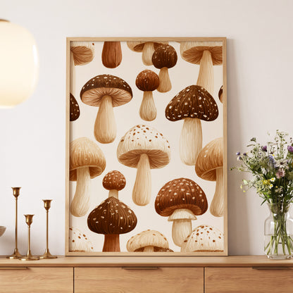 Woodland Mushroom Study, brown, beige, white nature wall art displayed in a styled interior, gallery view 5