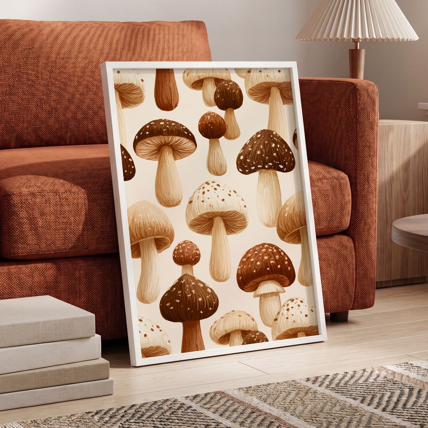 Woodland Mushroom Study, brown, beige, white nature wall art displayed in a styled interior, gallery view 6