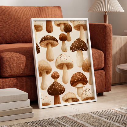 Woodland Mushroom Study, brown, beige, white nature wall art displayed in a styled interior, gallery view 6