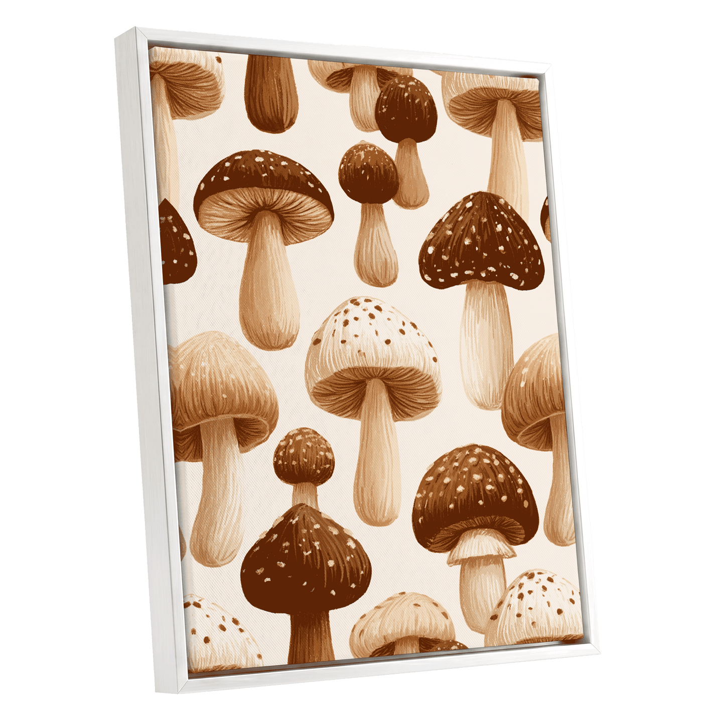 Woodland Mushroom Study, brown, beige, white nature wall art shown as a white framed canvas wall art