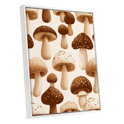 Woodland Mushroom Study, brown, beige, white nature wall art shown as a white framed canvas wall art
