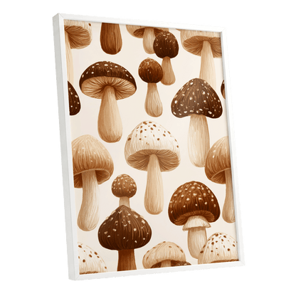 Woodland Mushroom Study, brown, beige, white nature wall art shown as a white framed poster wall art print