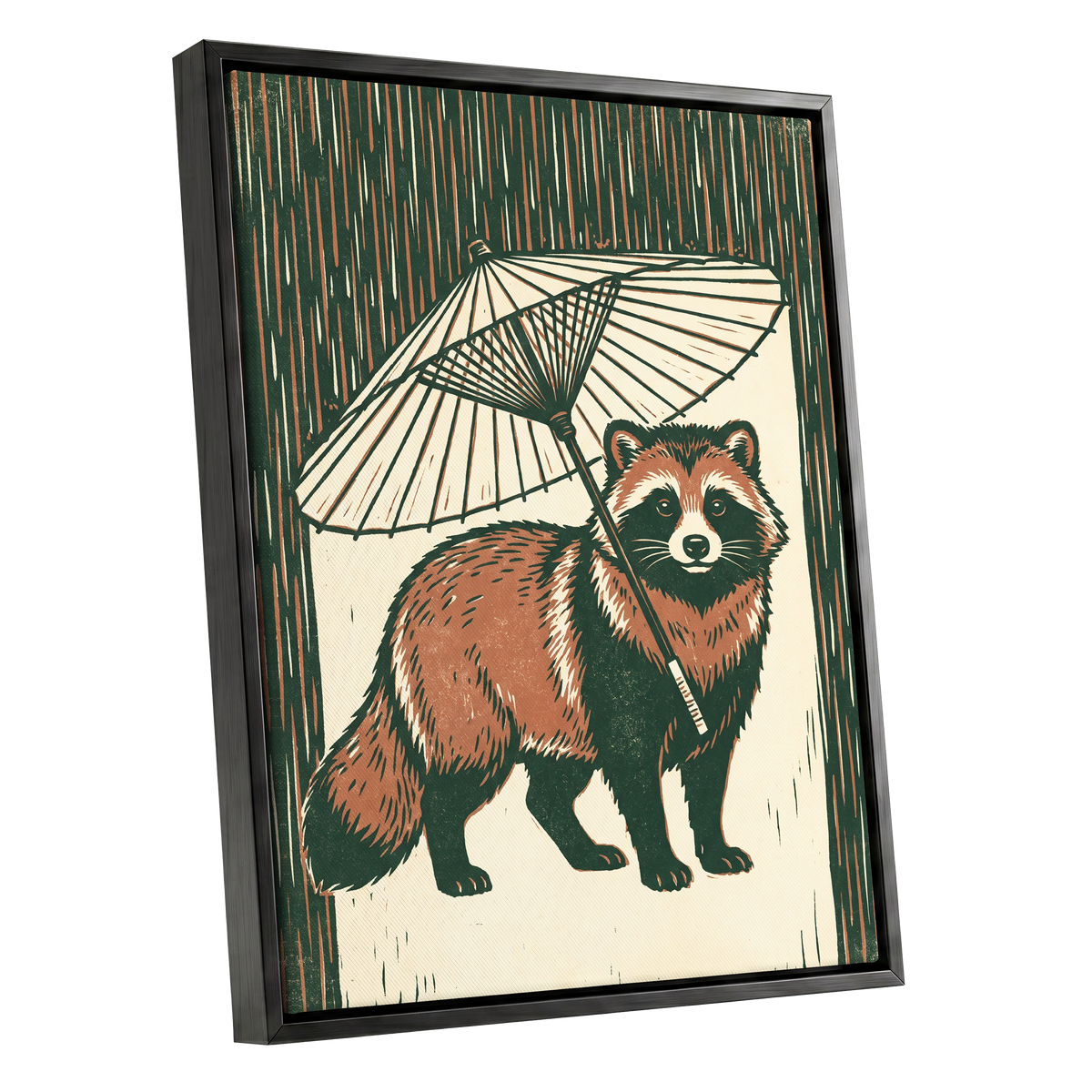 Woodland Parasol, green, brown, beige nature wall art shown as a black framed canvas wall art