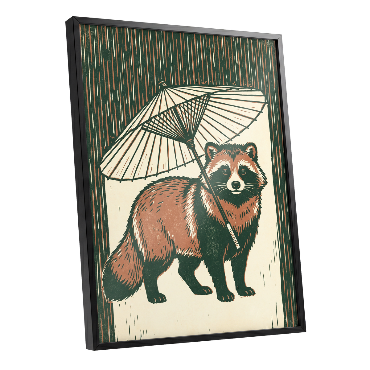 Woodland Parasol, green, brown, beige nature wall art shown as a black framed poster wall art print