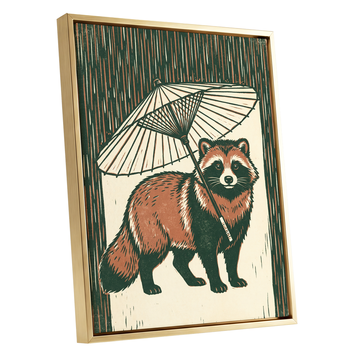 Woodland Parasol, green, brown, beige nature wall art shown as a gold framed canvas wall art