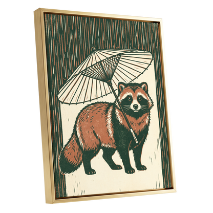 Woodland Parasol, green, brown, beige nature wall art shown as a gold framed canvas wall art