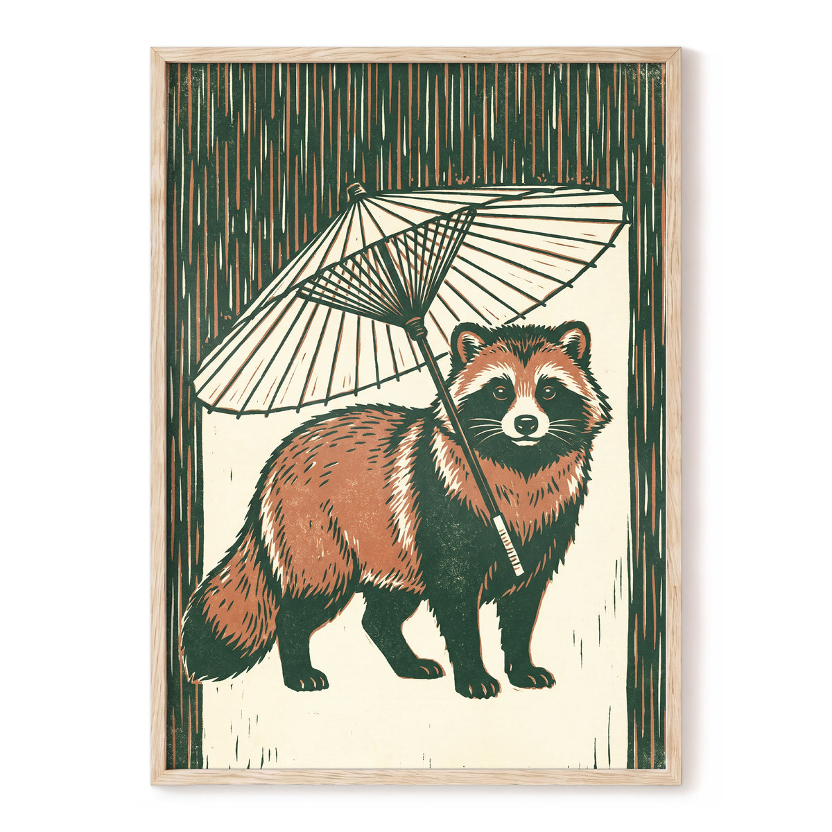 Woodland Parasol, green, brown, beige nature wall art, front artwork view