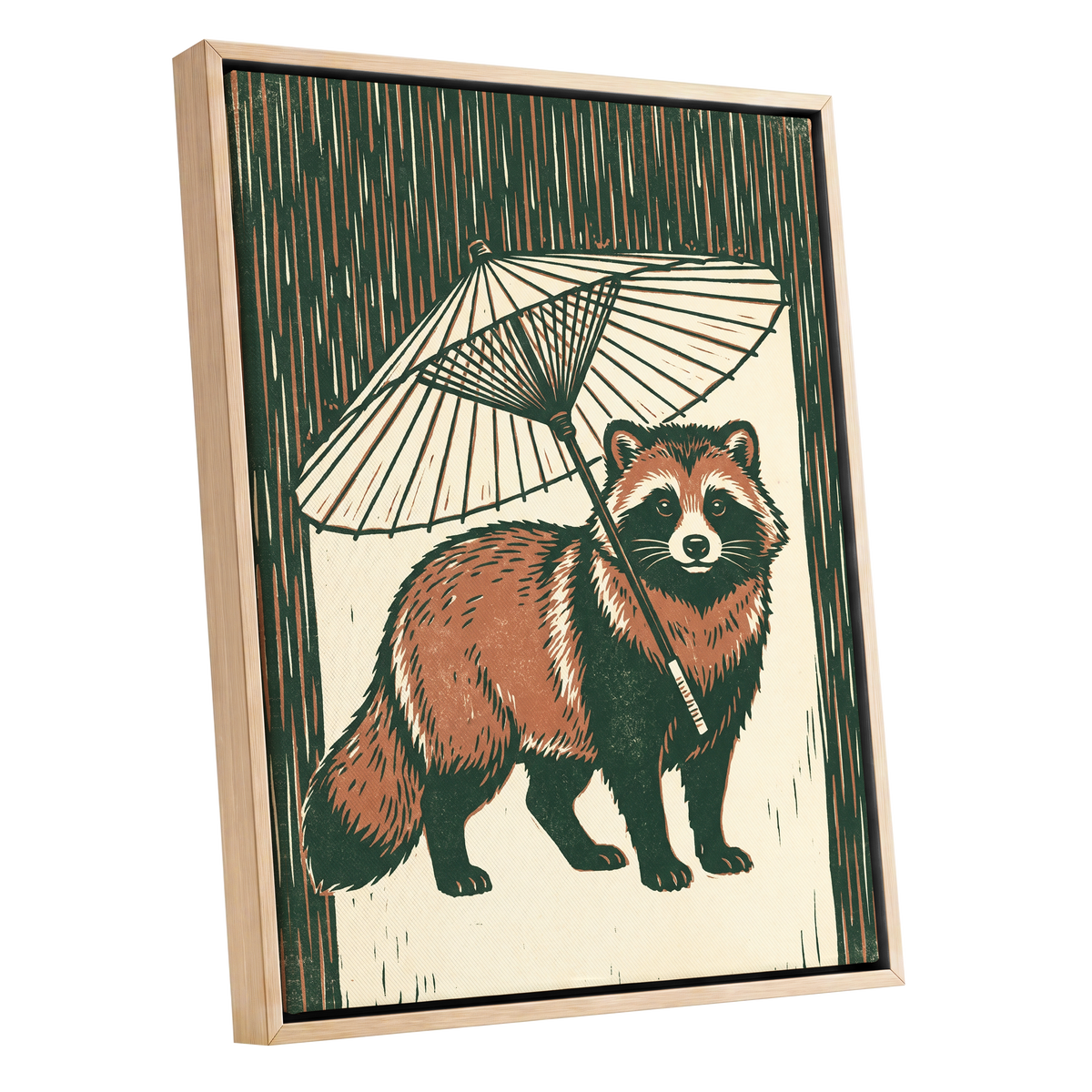 Woodland Parasol, green, brown, beige nature wall art shown as a oak framed canvas wall art