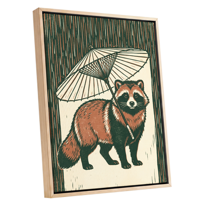 Woodland Parasol, green, brown, beige nature wall art shown as a oak framed canvas wall art