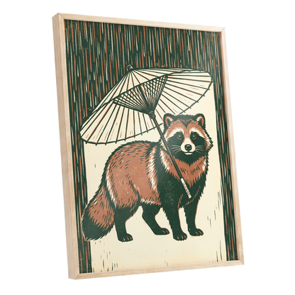Woodland Parasol, green, brown, beige nature wall art shown as a oak framed poster wall art print