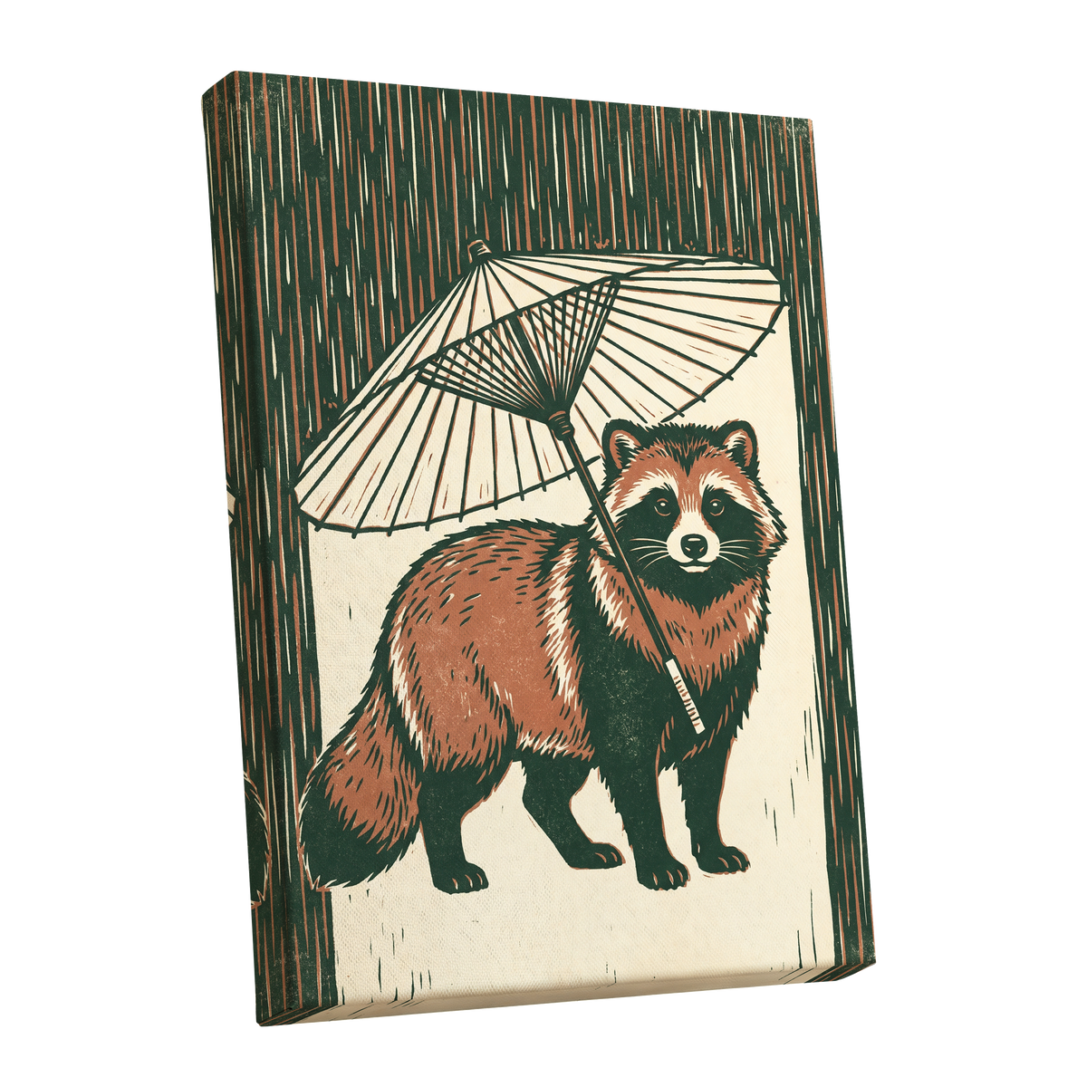 Woodland Parasol, green, brown, beige nature wall art shown as a stretched canvas wall art