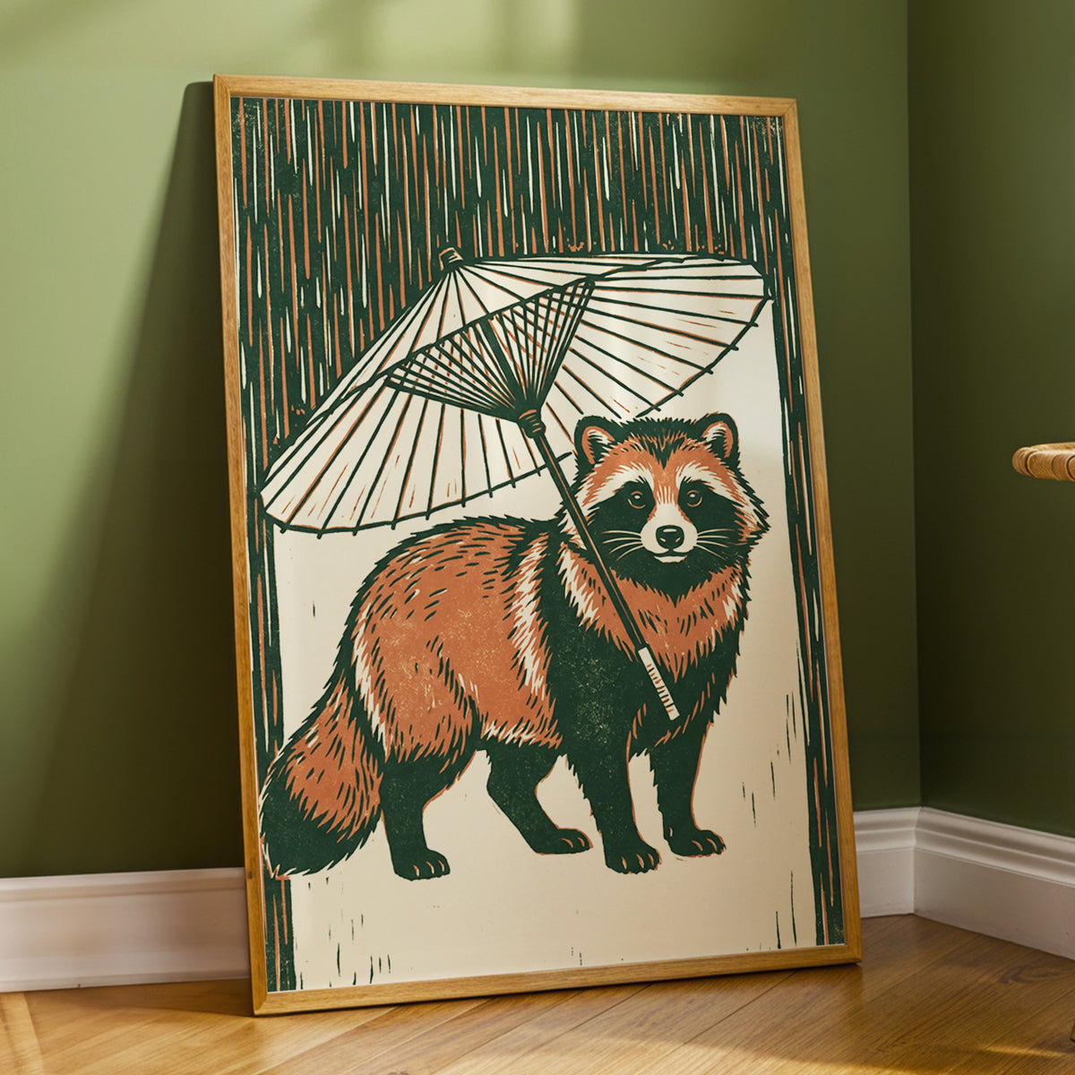 Woodland Parasol, green, brown, beige nature wall art displayed in a styled interior, gallery view 2