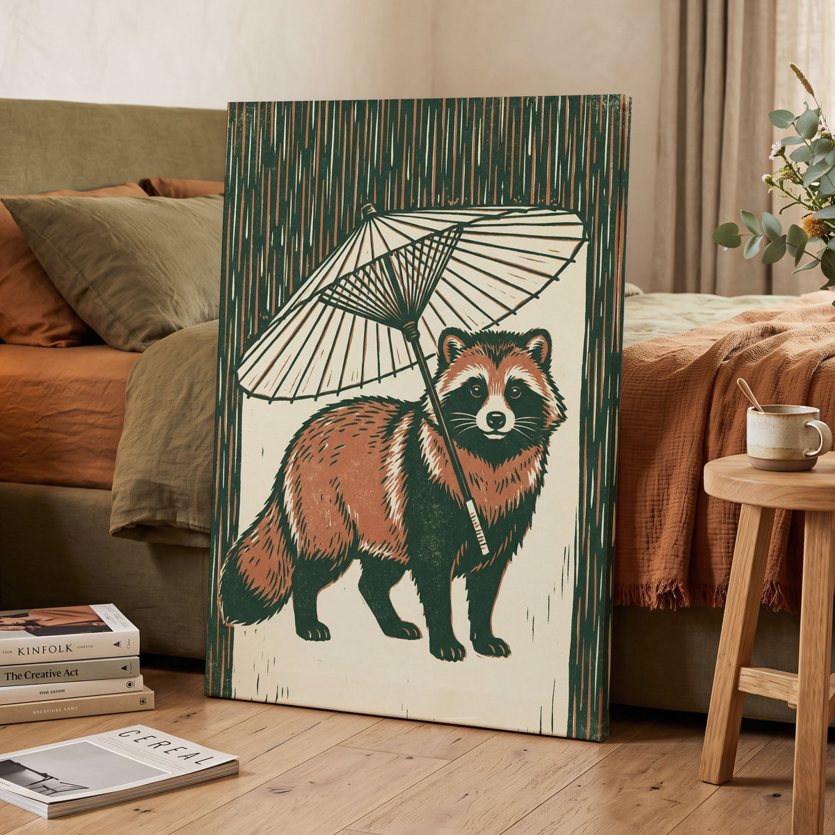 Woodland Parasol, green, brown, beige nature wall art displayed in a styled interior, gallery view 3