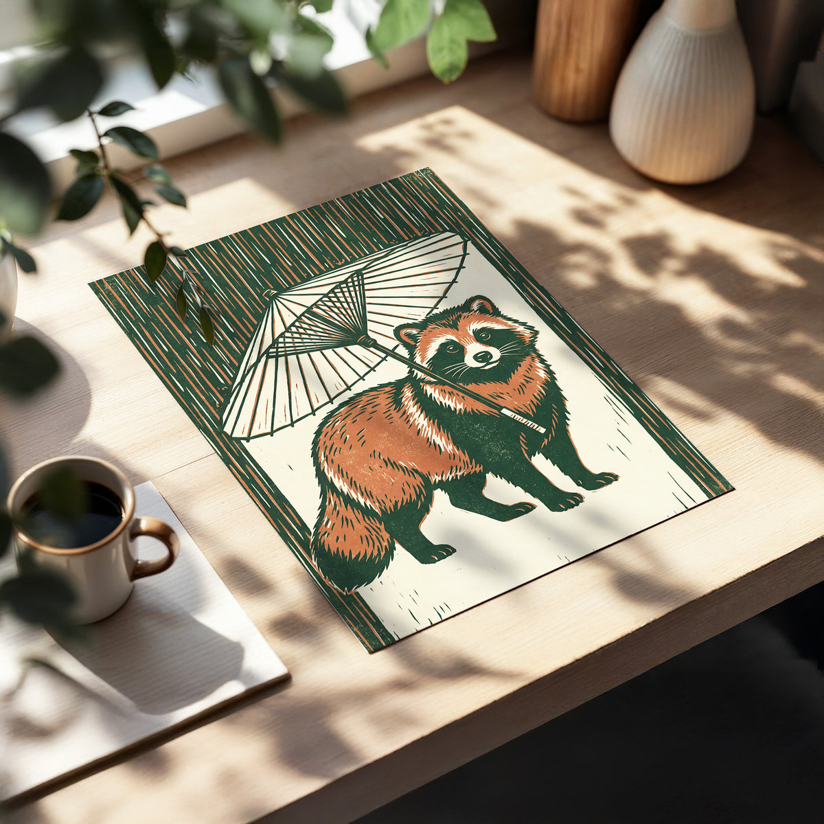 Woodland Parasol, green, brown, beige nature wall art displayed in a styled interior, gallery view 5