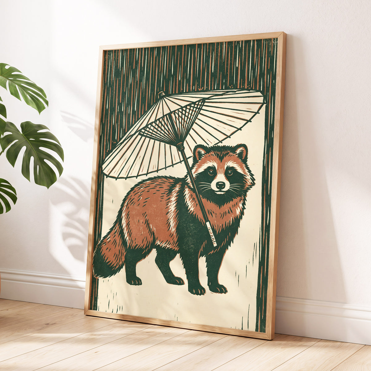Woodland Parasol, green, brown, beige nature wall art displayed in a styled interior, gallery view 6