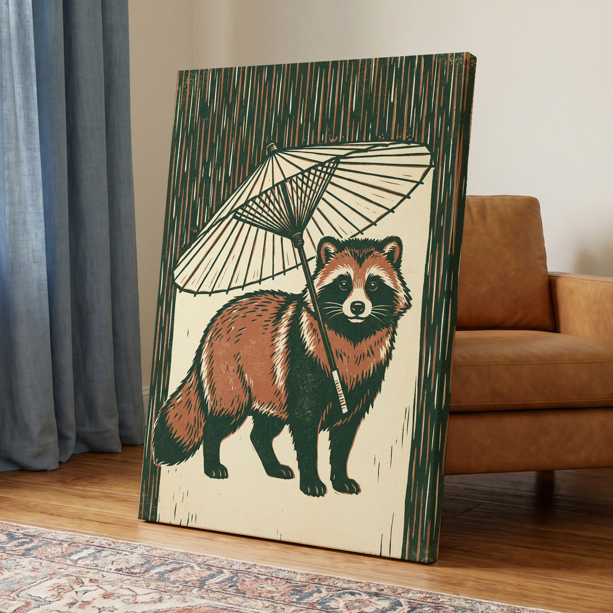 Woodland Parasol, green, brown, beige nature wall art displayed in a styled interior, gallery view 7