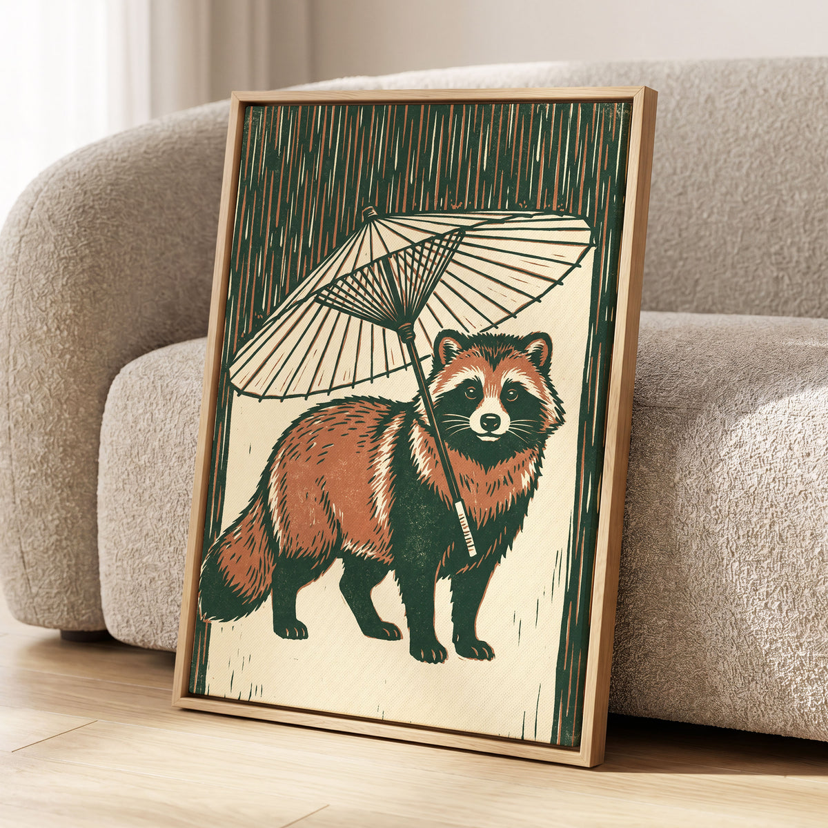Woodland Parasol, green, brown, beige nature wall art displayed in a styled interior, gallery view 8