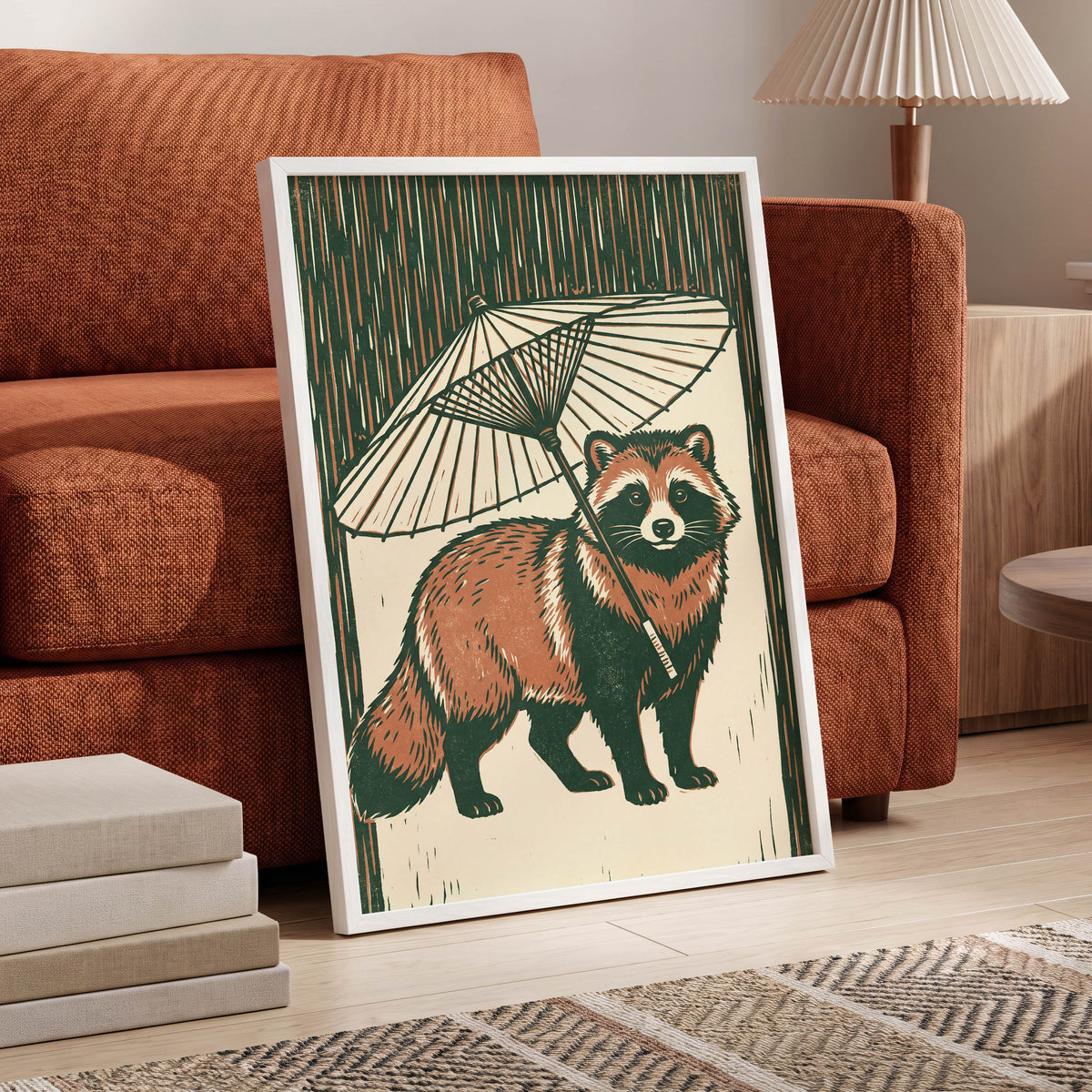 Woodland Parasol, green, brown, beige nature wall art displayed in a styled interior, gallery view 9
