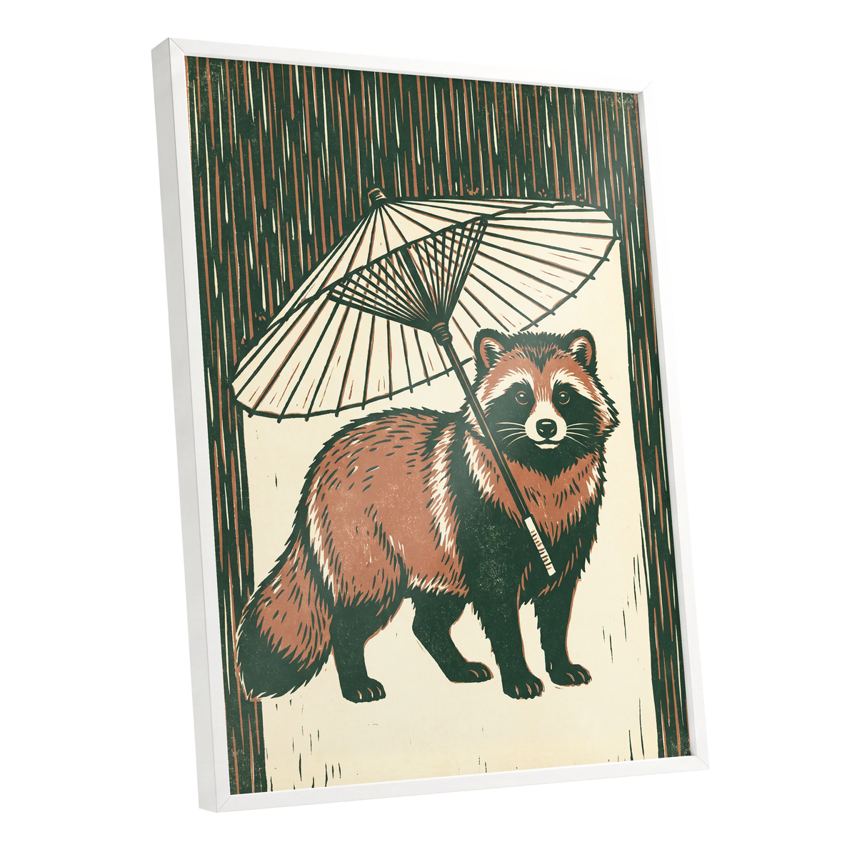 Woodland Parasol, green, brown, beige nature wall art shown as a white framed poster wall art print