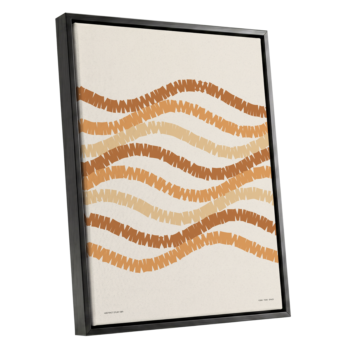 Woven Earth Rhythms, beige, brown, orange abstract wall art shown as a black framed canvas wall art