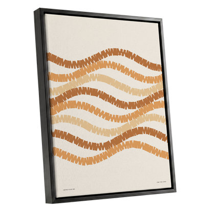 Woven Earth Rhythms, beige, brown, orange abstract wall art shown as a black framed canvas wall art