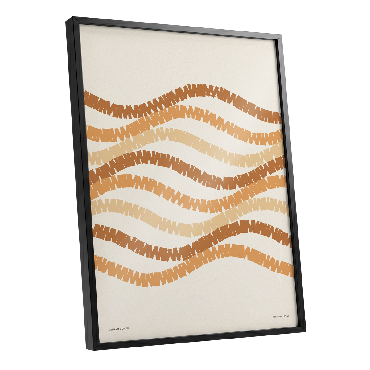 Woven Earth Rhythms, beige, brown, orange abstract wall art shown as a black framed poster wall art print