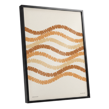 Woven Earth Rhythms, beige, brown, orange abstract wall art shown as a black framed poster wall art print