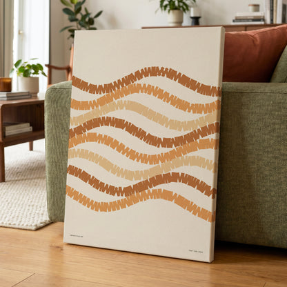 Woven Earth Rhythms, beige, brown, orange abstract wall art on canvas displayed in a styled interior, gallery view 1