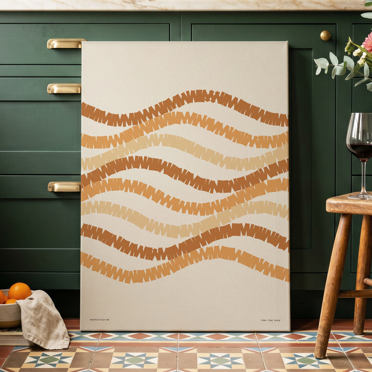 Woven Earth Rhythms, beige, brown, orange abstract wall art on canvas displayed in a styled interior, gallery view 2