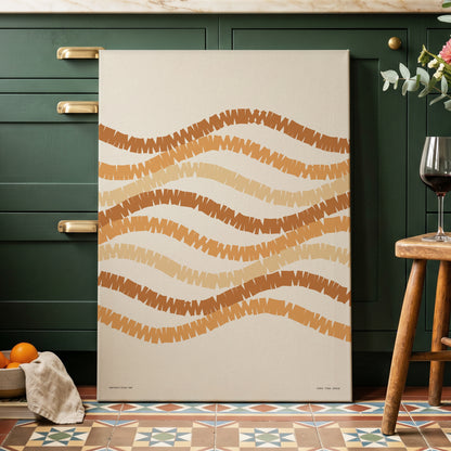 Woven Earth Rhythms, beige, brown, orange abstract wall art on canvas displayed in a styled interior, gallery view 2