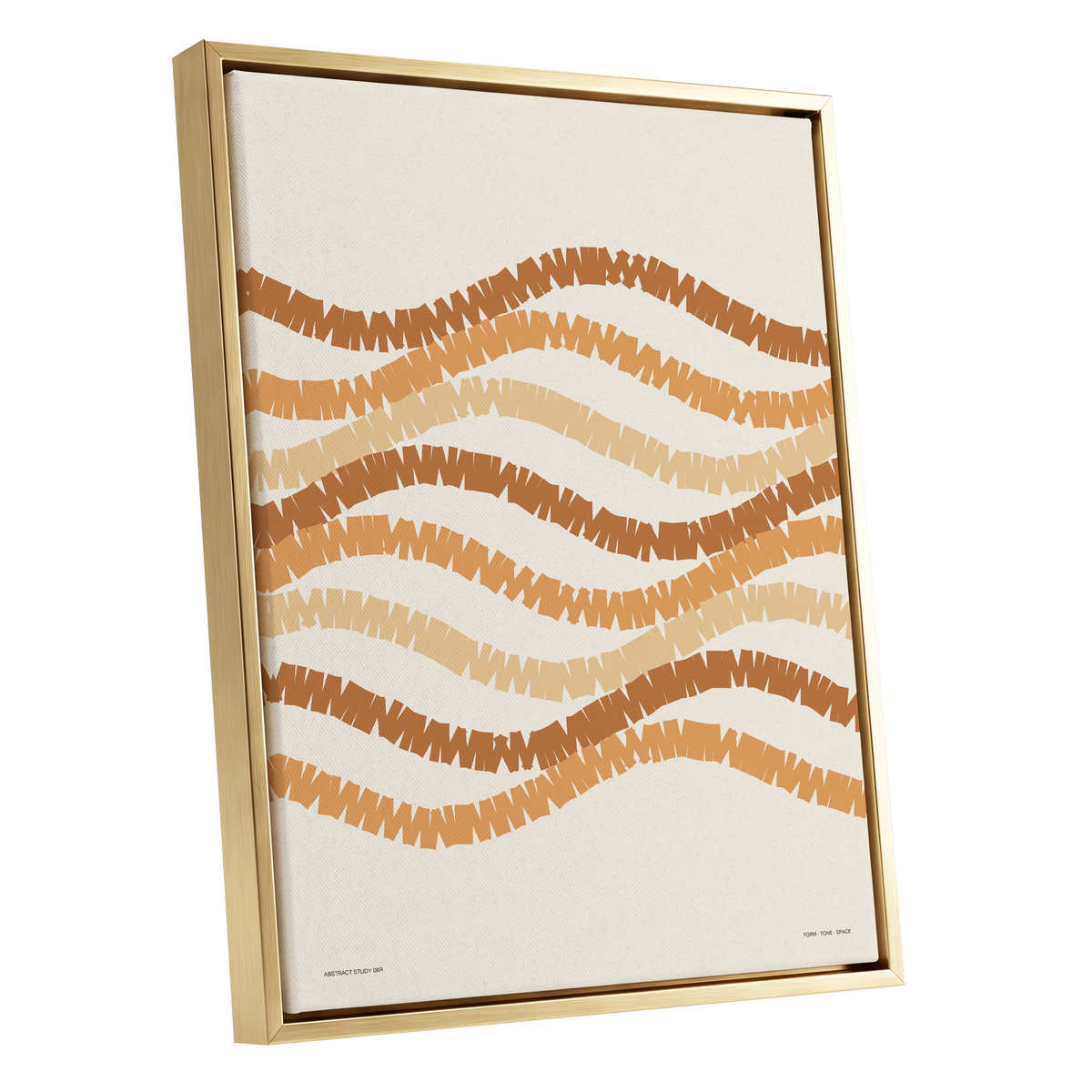 Woven Earth Rhythms, beige, brown, orange abstract wall art shown as a gold framed canvas wall art