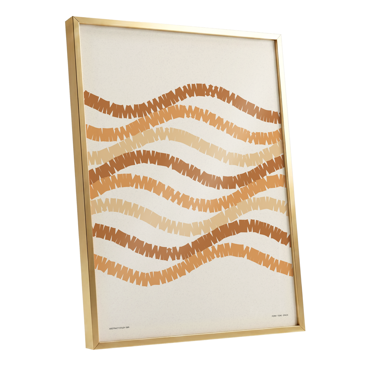 Woven Earth Rhythms, beige, brown, orange abstract wall art shown as a gold framed poster wall art print
