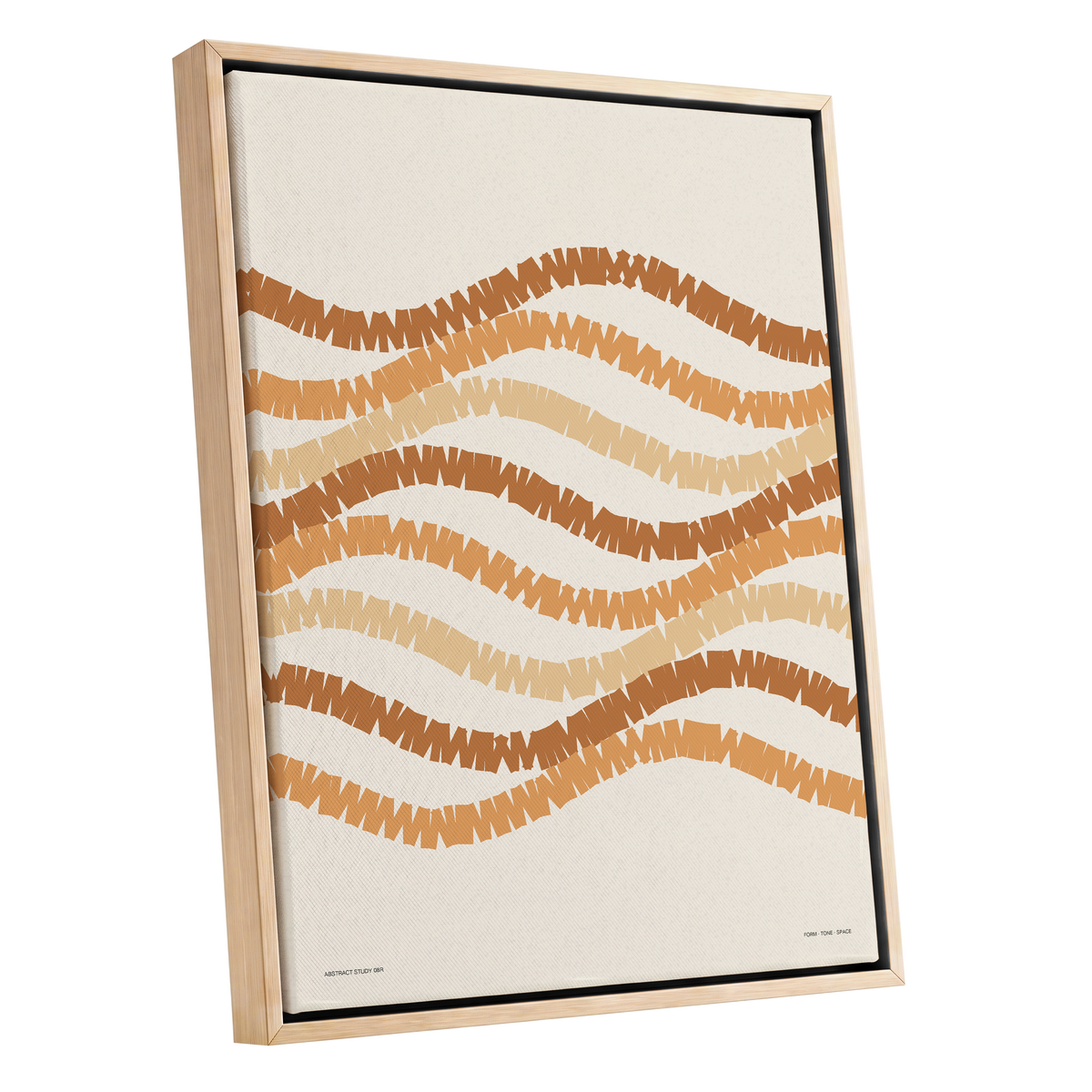 Woven Earth Rhythms, beige, brown, orange abstract wall art shown as a oak framed canvas wall art