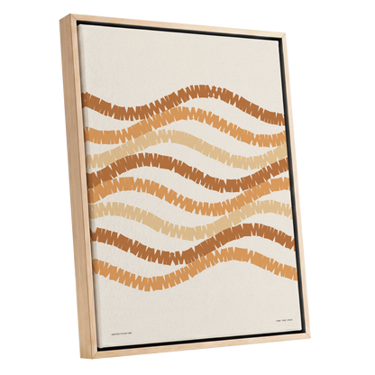 Woven Earth Rhythms, beige, brown, orange abstract wall art shown as a oak framed canvas wall art