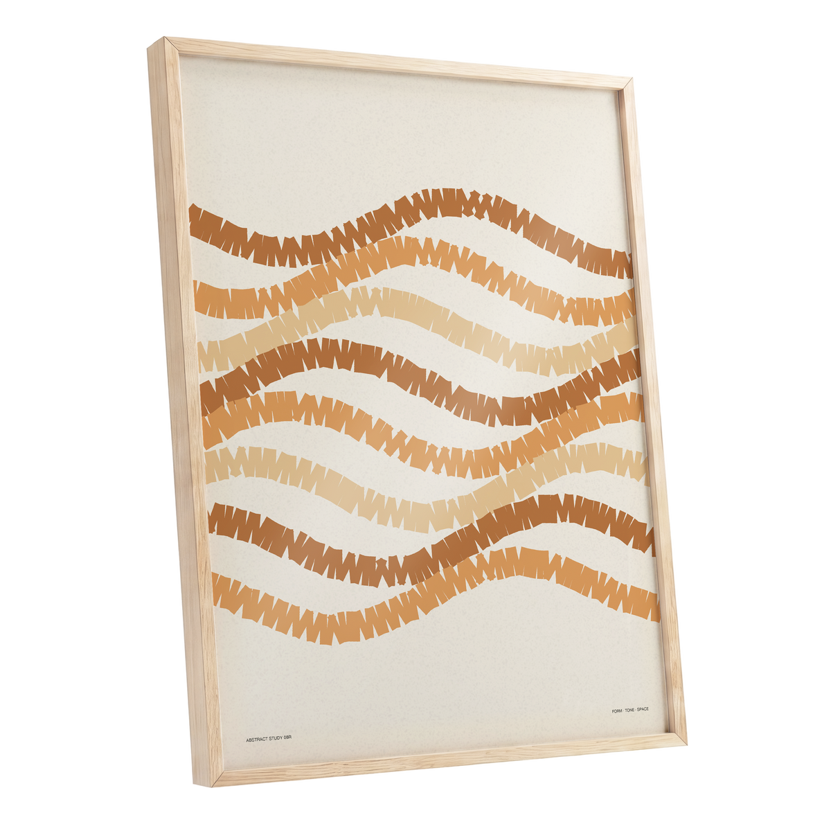 Woven Earth Rhythms, beige, brown, orange abstract wall art shown as a oak framed poster wall art print