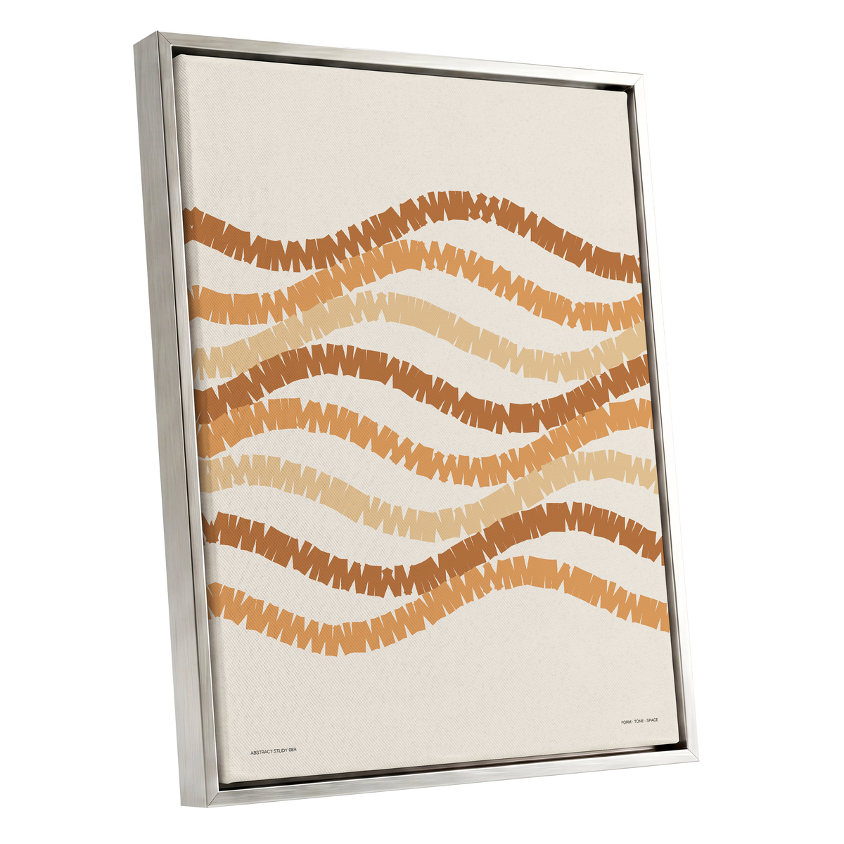 Woven Earth Rhythms, beige, brown, orange abstract wall art shown as a silver framed canvas wall art