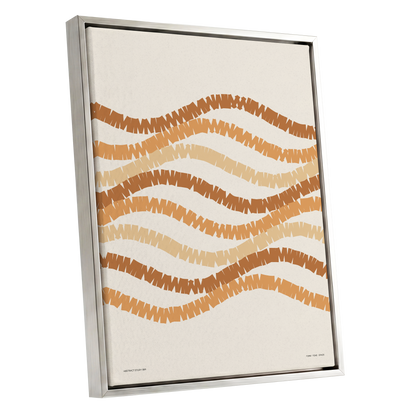Woven Earth Rhythms, beige, brown, orange abstract wall art shown as a silver framed canvas wall art