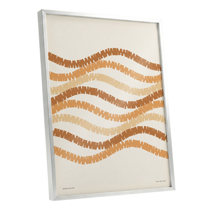 Woven Earth Rhythms, beige, brown, orange abstract wall art shown as a silver framed poster wall art print