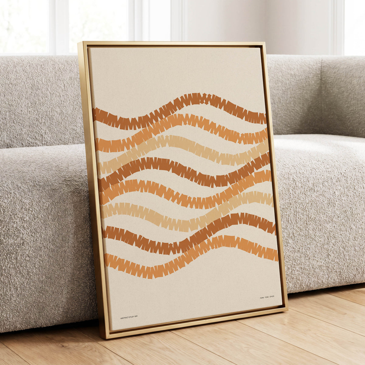 Woven Earth Rhythms, beige, brown, orange abstract wall art displayed in a styled interior, gallery view 1