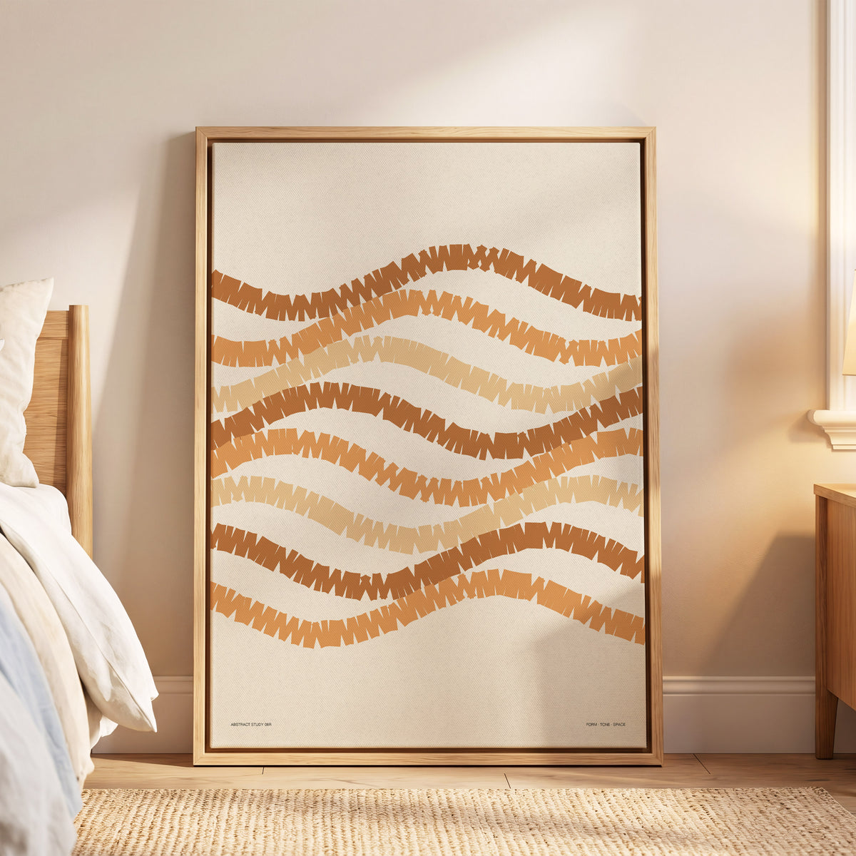 Woven Earth Rhythms, beige, brown, orange abstract wall art displayed in a styled interior, gallery view 5